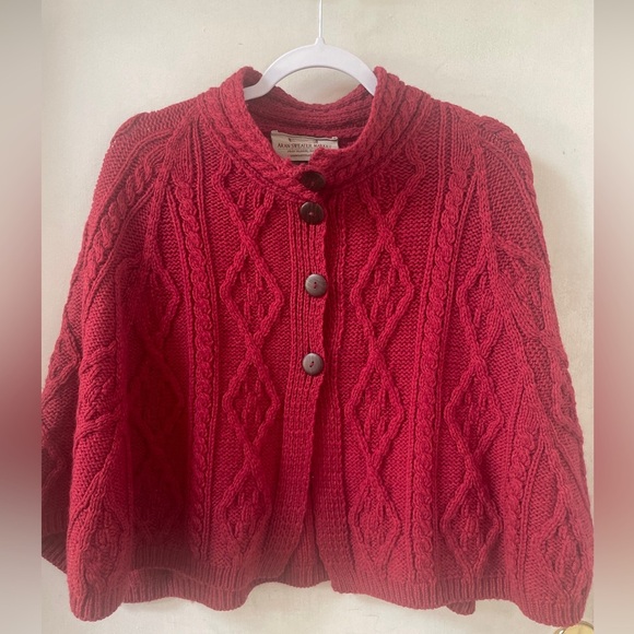 Aran Sweater Market Sweaters - Aran Sweater Market Irish Merino Wool Button Poncho Cable Knit Red Sweater
